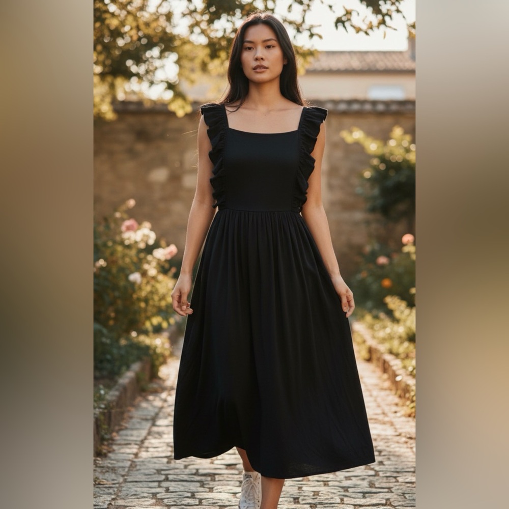 NWT. Black Ruffle Strap Midi Dress Flowy Casual Feminine